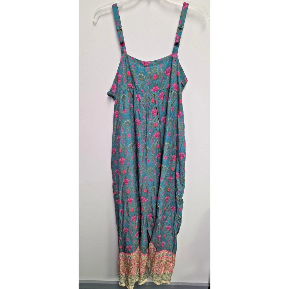 NWT‎ NATURAL LIFE Jumpsuit XL Wide Leg Floral Teal Boho Tie Front Adjust Straps